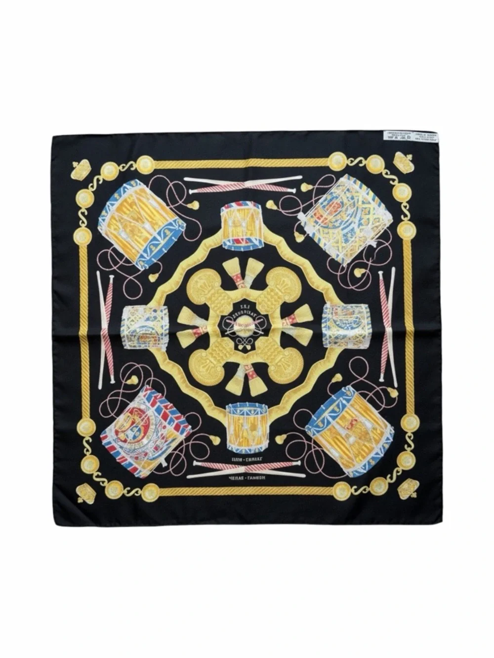 Hermès Les Tambours Silk Pocket Square Scarf Black Gold 16.5” - Picture 2 of 4